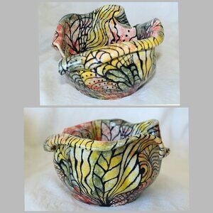 Multicolor original ceramic art pottery Asymmetrical bowl colorful unique shape